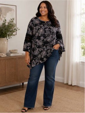 New Directions Curvy Black Pink Floral Tunic Top Women's Plus Size 1X